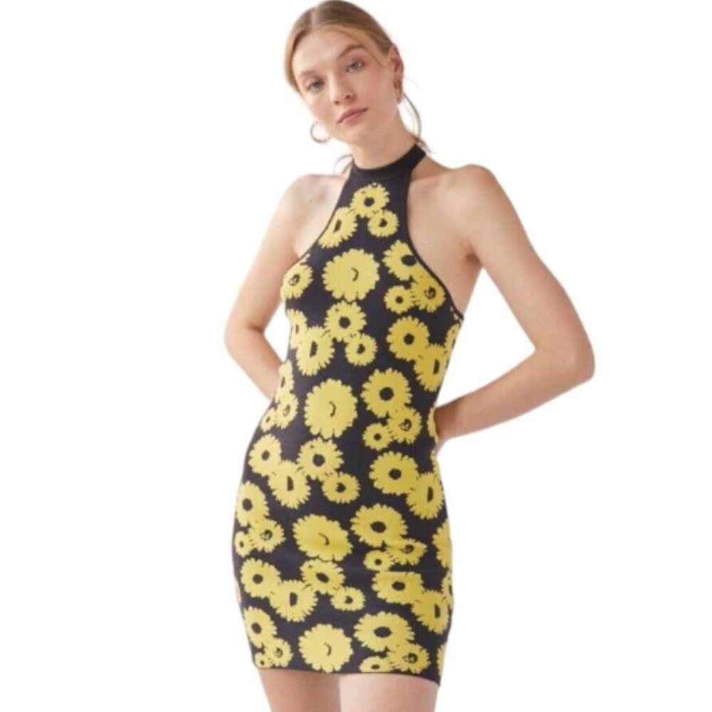 Urban Outfitters Charlie Yellow Black Floral Knit Sweater Mini Dress Size XS